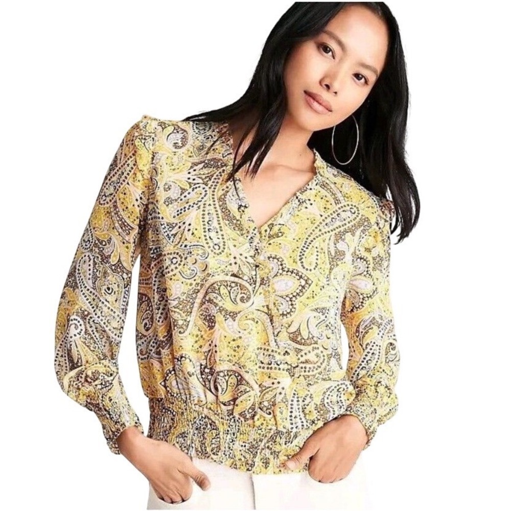 Ann Taylor Womens M Yellow Paisley Smocked Hem Wrap V-Neck Blouse Long Sleeve